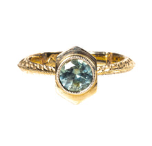 Load image into Gallery viewer, Nature's Beauty - Custom cut Montana sapphire hand engraved Hexagon engagement ring
