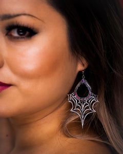Web of Magic - oxidized spiderweb earrings with amethysts, garnets, and rubies