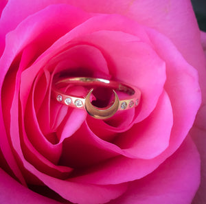 Moon Queen - 14ky gold crescent moon ring with diamonds