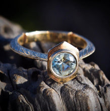 Load image into Gallery viewer, Nature&#39;s Beauty - Custom cut Montana sapphire hand engraved Hexagon engagement ring
