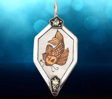 Load image into Gallery viewer, Hand endgraved koi fish portrait pendant with mint green sapphires
