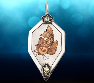 Hand endgraved koi fish portrait pendant with mint green sapphires