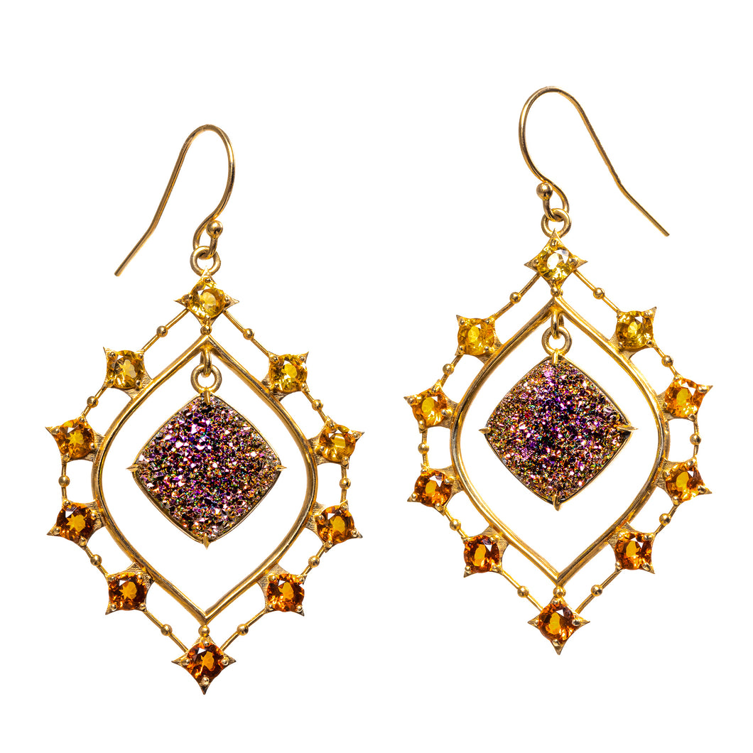 Star Fire- 14k yellow gold druzy quartz and gradient citrine earrings