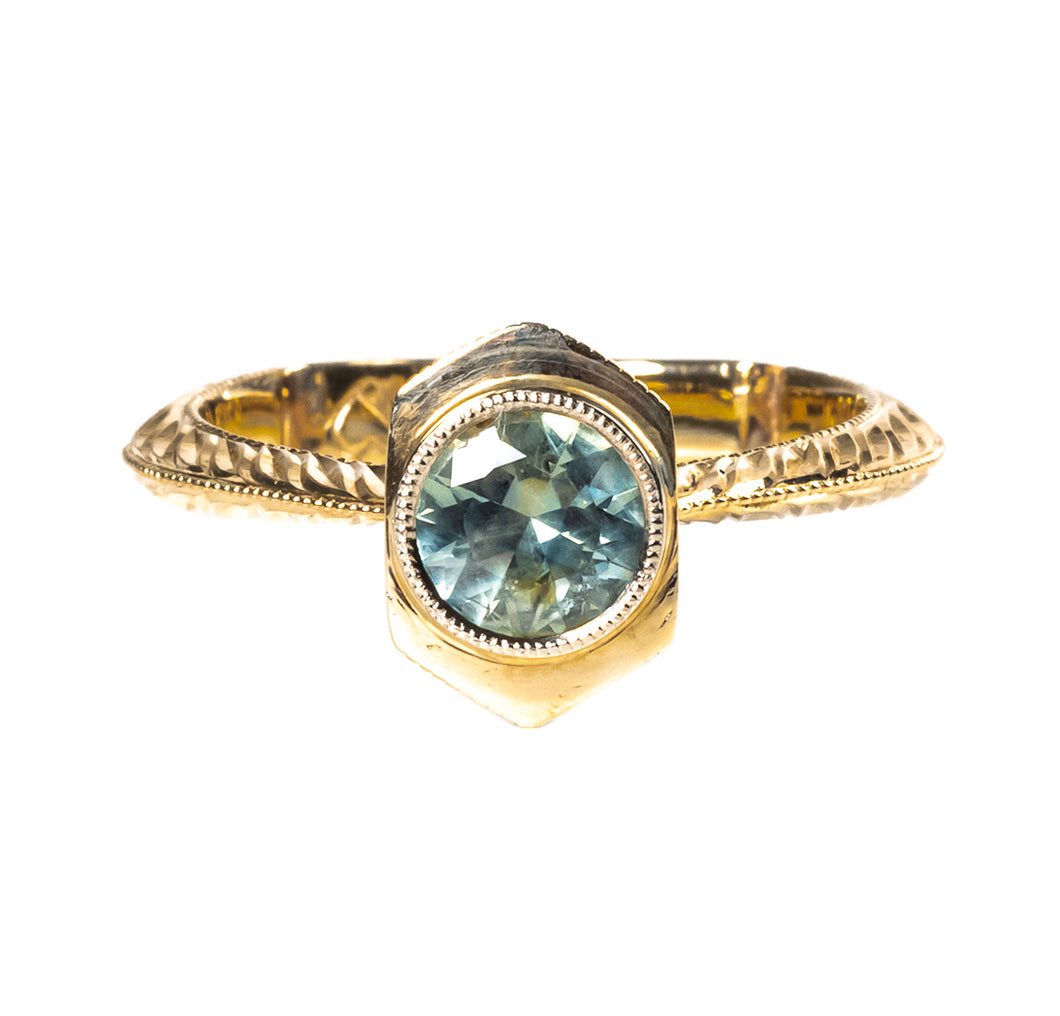 Nature's Beauty - Custom cut Montana sapphire hand engraved Hexagon engagement ring