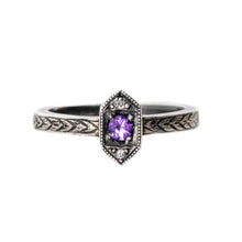 Load image into Gallery viewer, Hexy Girl - oxidized hexagon ring hand engraved with amethyst and diamonds

