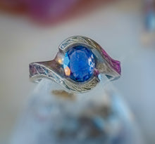 Load image into Gallery viewer, Wrapped in Blue- Iolite bypass ring with hand engraving
