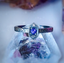 Load image into Gallery viewer, Hexy Girl - oxidized hexagon ring hand engraved with amethyst and diamonds
