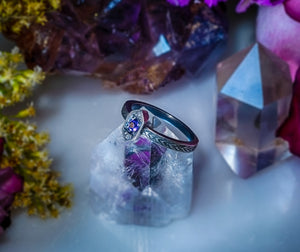 Hexy Girl - oxidized hexagon ring hand engraved with amethyst and diamonds