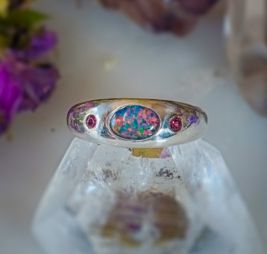 Triple signet - opal and rose garnet signet ring