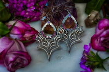 Load image into Gallery viewer, Web of Magic - oxidized spiderweb earrings with amethysts, garnets, and rubies
