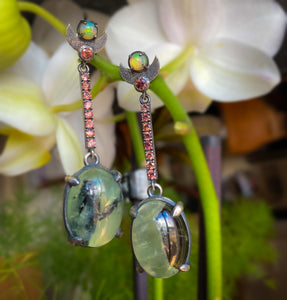 Moon Goddess Earrings - Prehnite, Opal and Rose Zircon